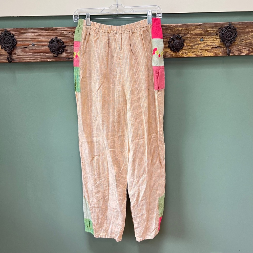 Jackie Loves John Vintage 100% Linen Patchwork Striped Pants Cherry Embroidery M